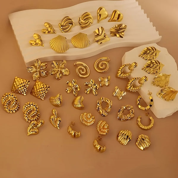12-Pair 18K Gold-Plated Vintage Stainless Steel Earrings Set – Leaf, Butterfly, Geometric & Floral Designs
