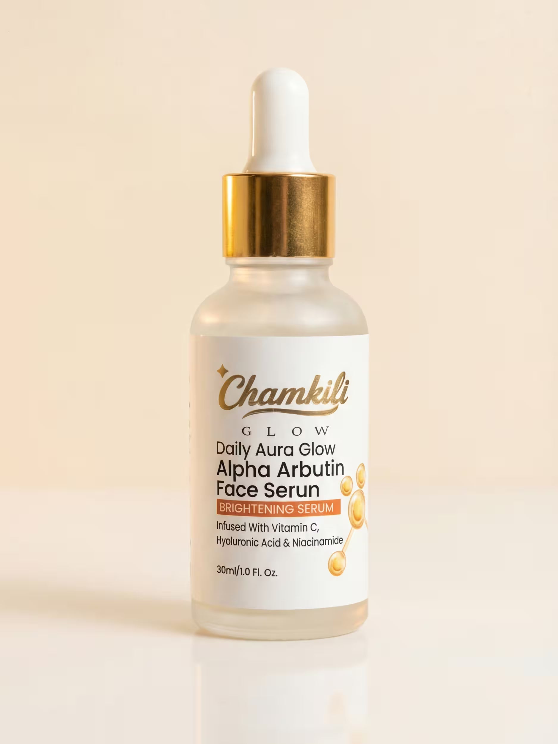 Chamkili Alpha Arbutin Face Serum bottle with gold dropper on beige background