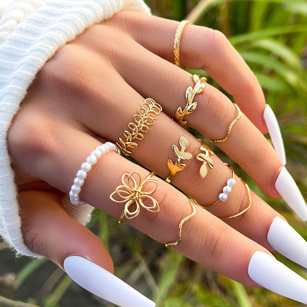 Flower & Leaf Plated Ring Set – 10 Stackable Alloy Rings | Chamkili.com