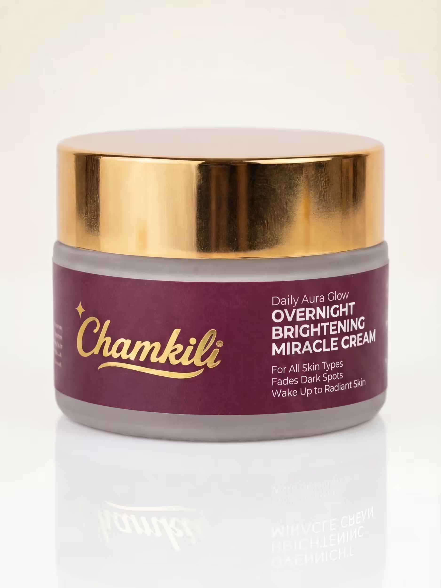 ChamKili Overnight Brightening Miracle Cream jar with gold lid on white background