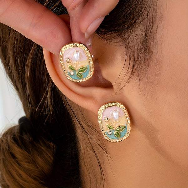 Korean-Inspired Faux Pearl Flower Stud Earrings – Golden Zinc Alloy Pastel Floral Design