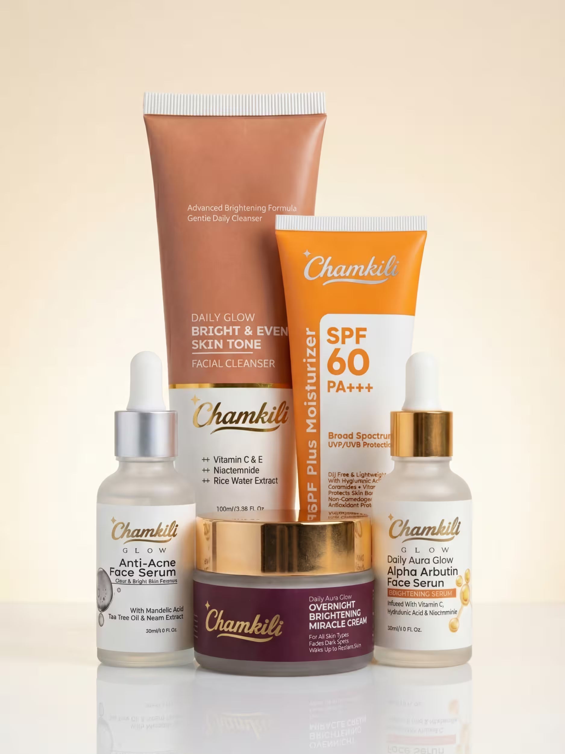 ChamKili skincare set with facial cleanser, SPF 60 moisturizer, serums, and brightening cream