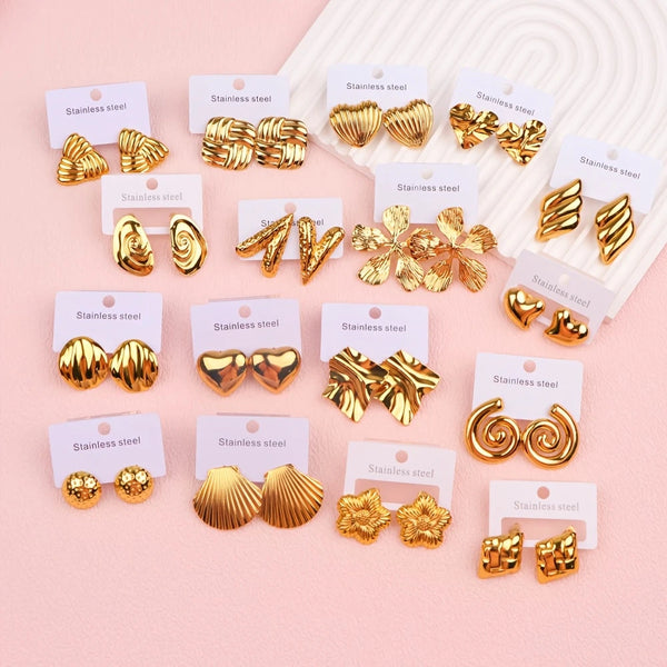 8-Pair Vintage Luxury Stainless Steel Earrings Set – Dubai-Style Hearts, Flowers & Shells for Weddings & Parties