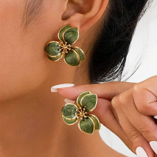 Boho Chic Floral Alloy Petal Stud Earrings – Green & Gold | Chamkili