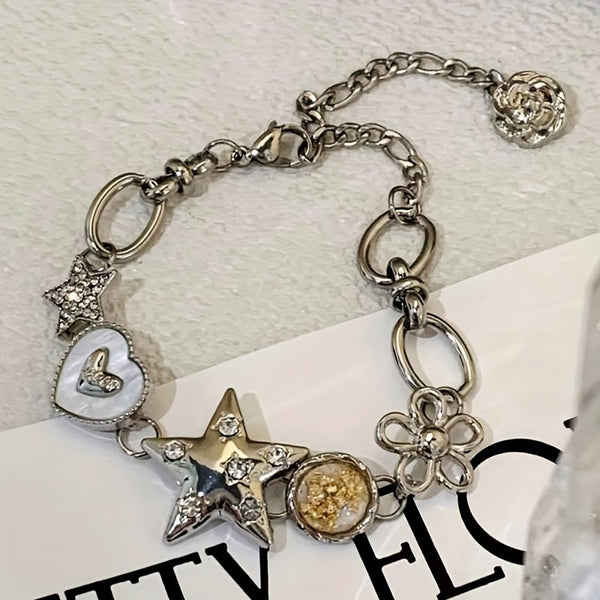 Y2K Silvery Star & Heart Pendant Bracelet – Chamkili
