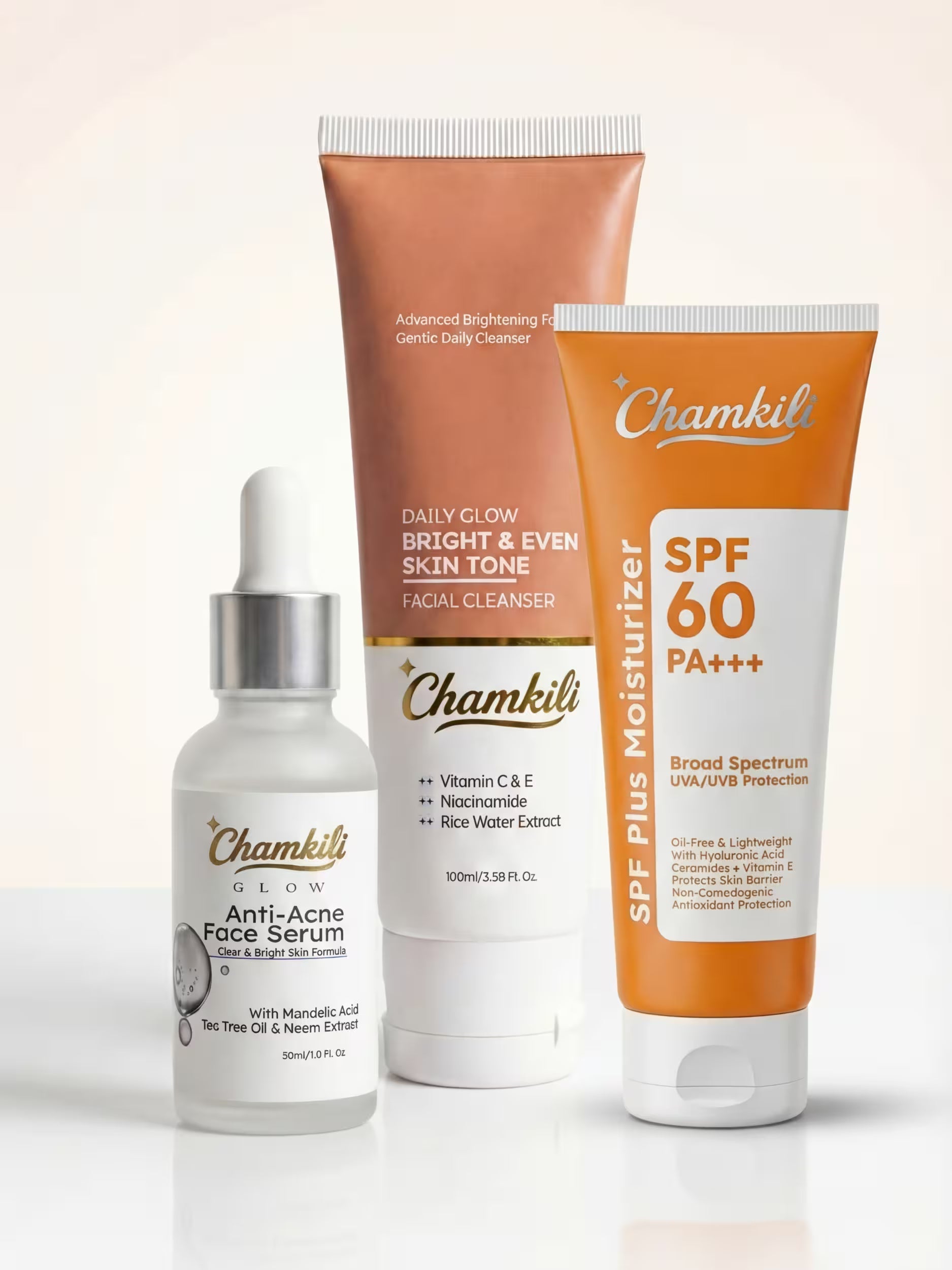 Chamkili skincare products including face serum, facial cleanser, and SPF 60 moisturizer