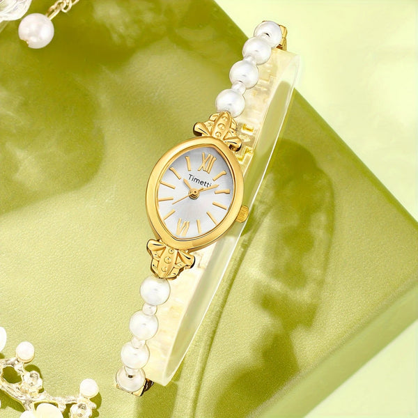 Vintage-Inspired Women’s Quartz Watch with Pearl Bracelet – Chamkili