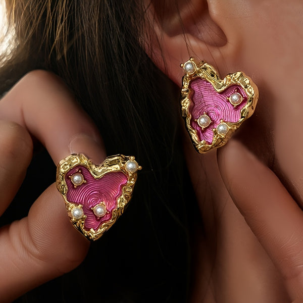 Vintage Elegant Magenta Threaded Metal Heart Stud Earrings – Chamkili