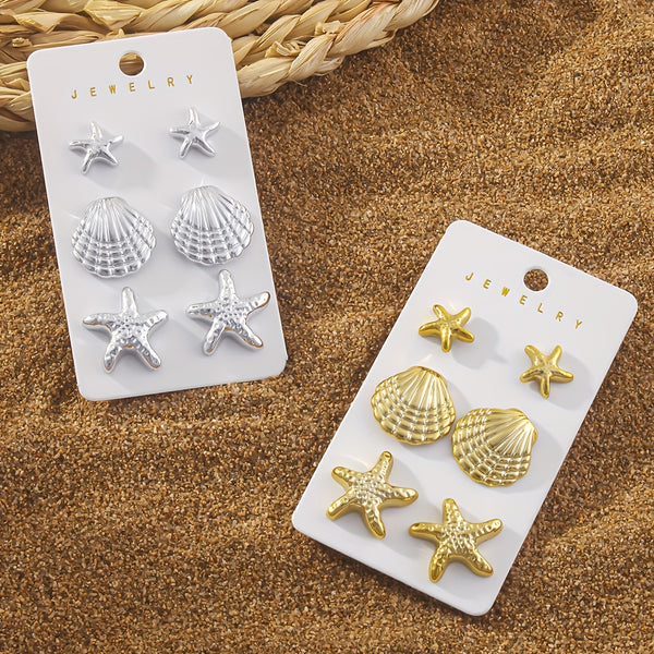6-Piece Summer Ocean CCB Starfish & Shell Stud Earrings – Beach & Party Jewelry Gifts